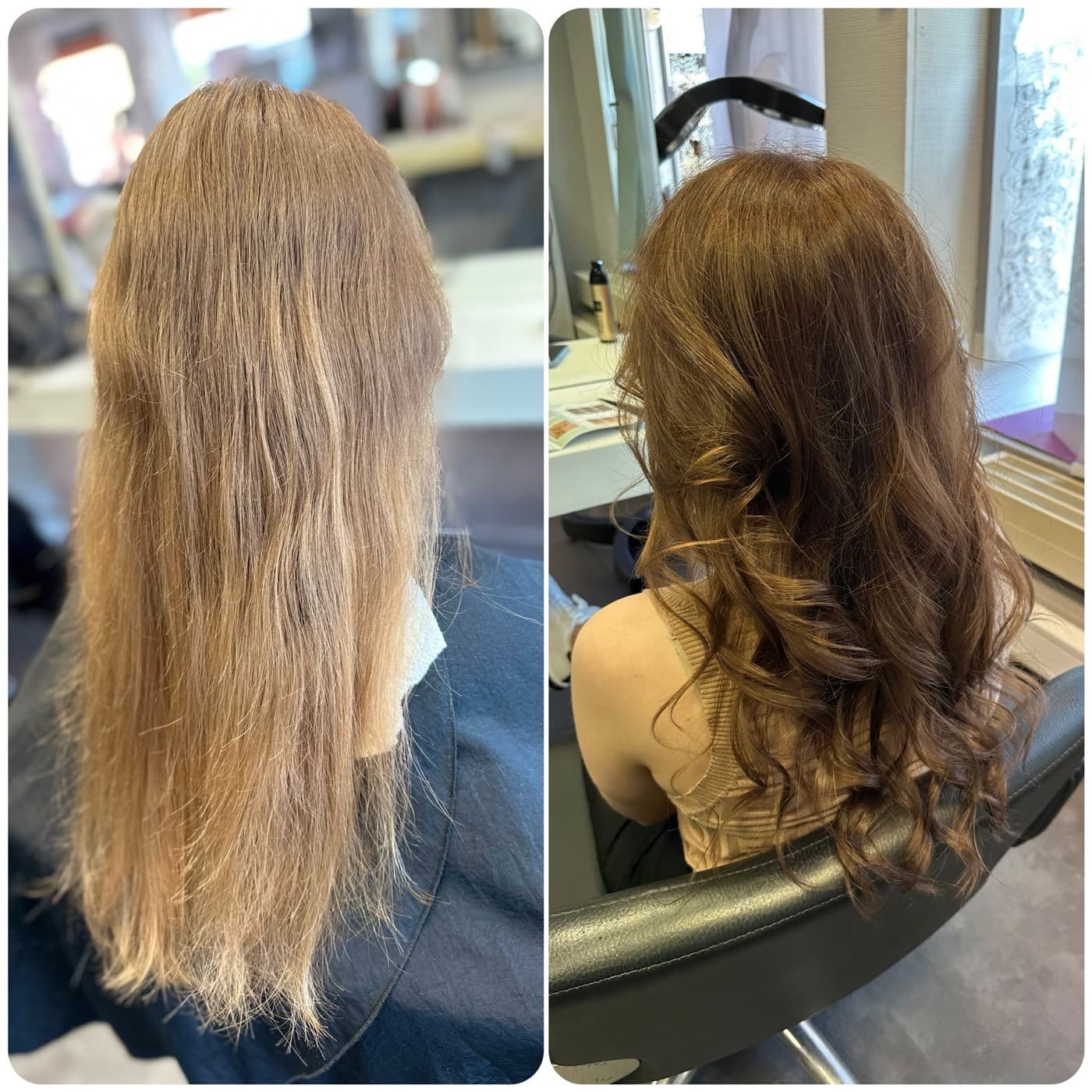 Vorher-Nachher: glatte Längen werden zu einer braunen Balayage mit Locken
