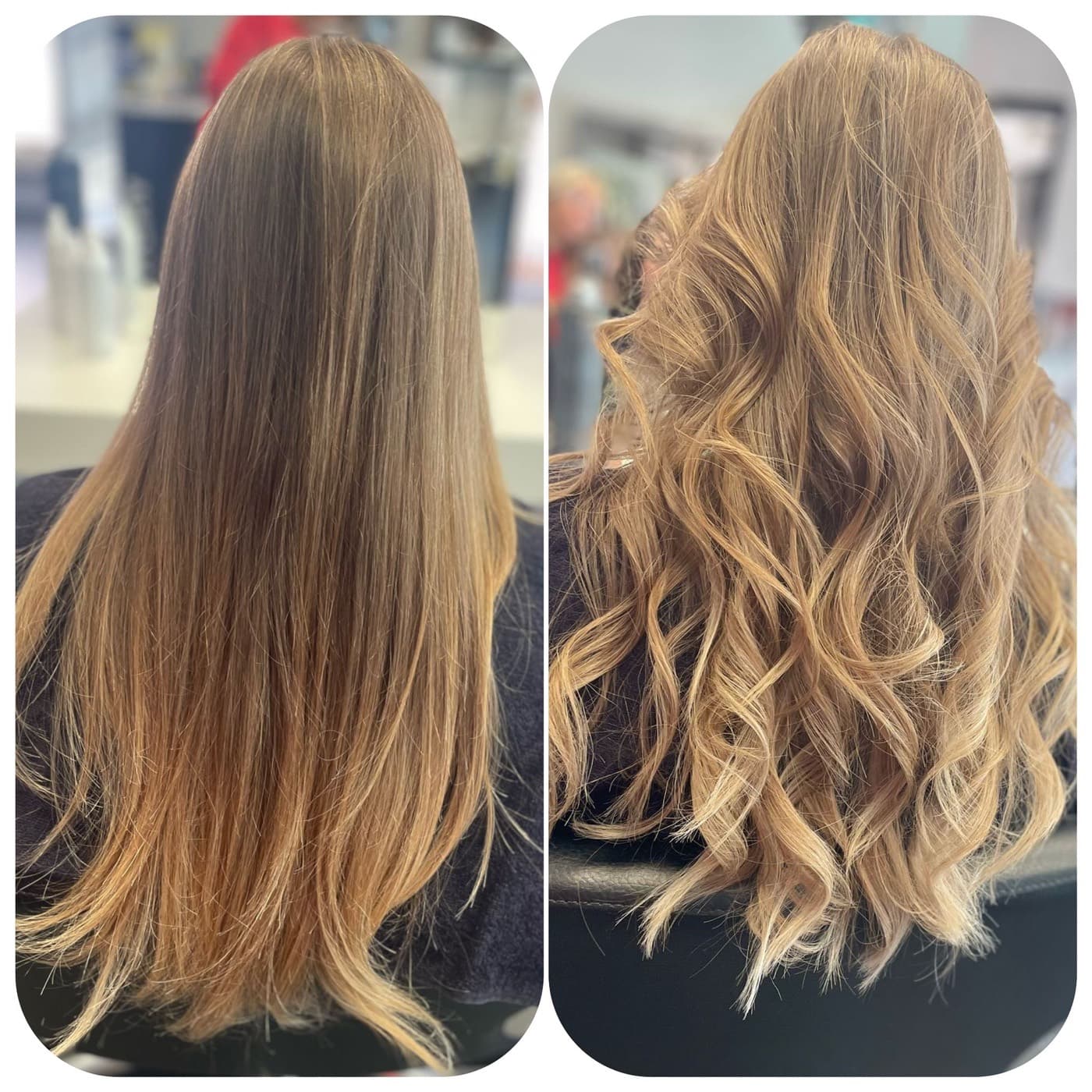Vorher-Nachher: glatte Längen werden zu einer weichen Caramel-Balayage mit Wellen