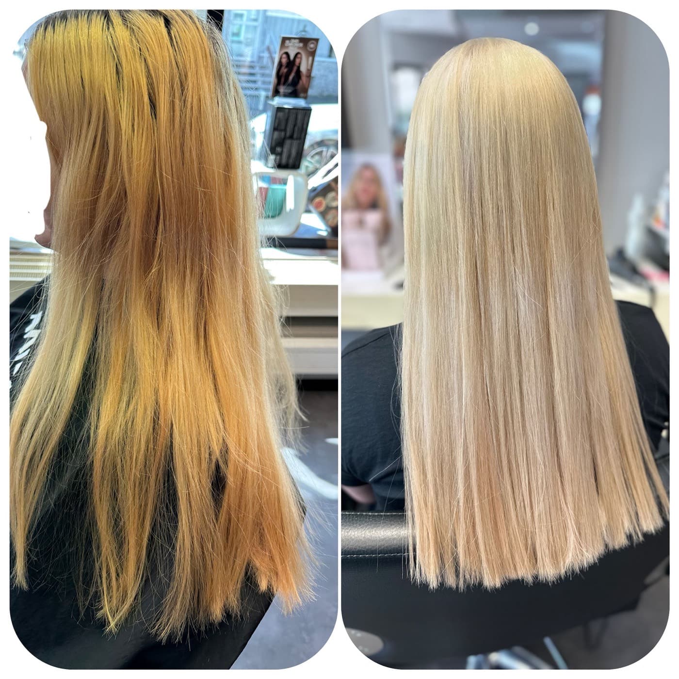 Vorher-Nachher: gelbstichiges Blond wird zu glänzendem, kühlem Blond