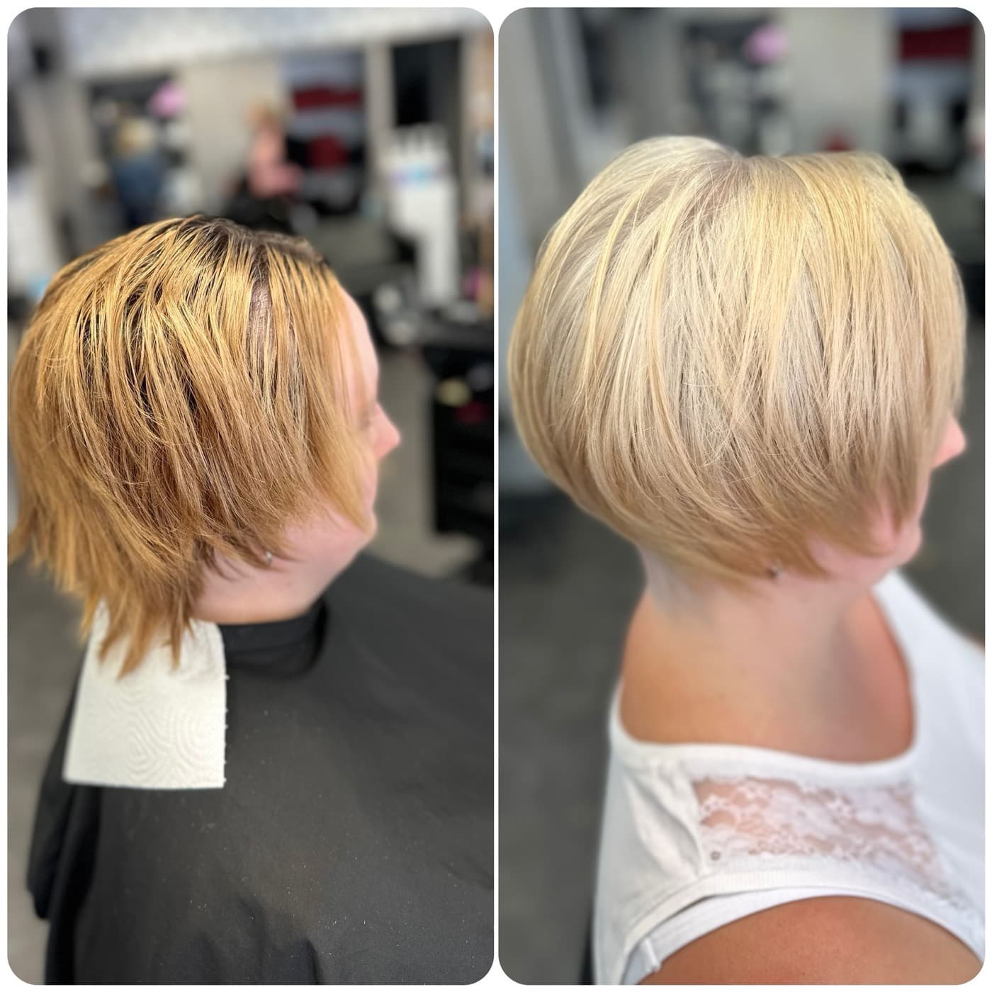Vorher-Nachher: blonder Kurzhaarschnitt mit weicher Stufung