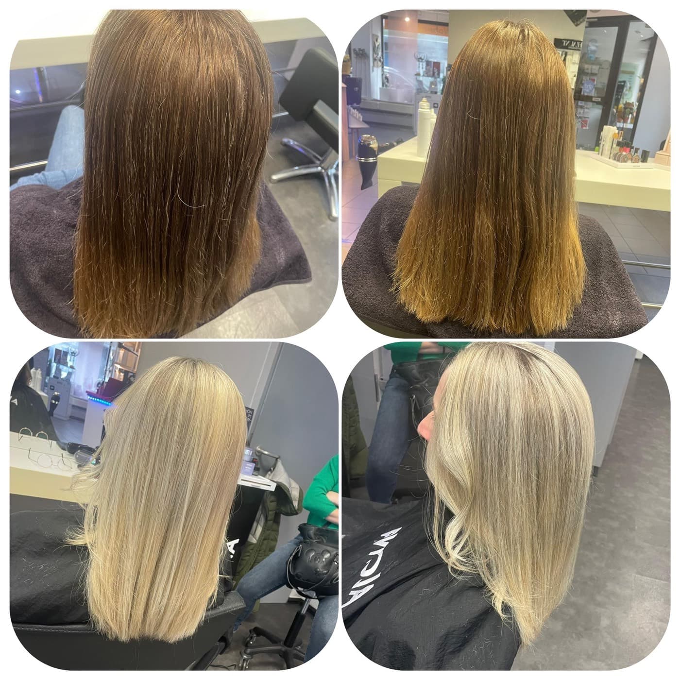 Vorher-Nachher: Blondierung zu hellem, gleichmäßig glänzendem Blond