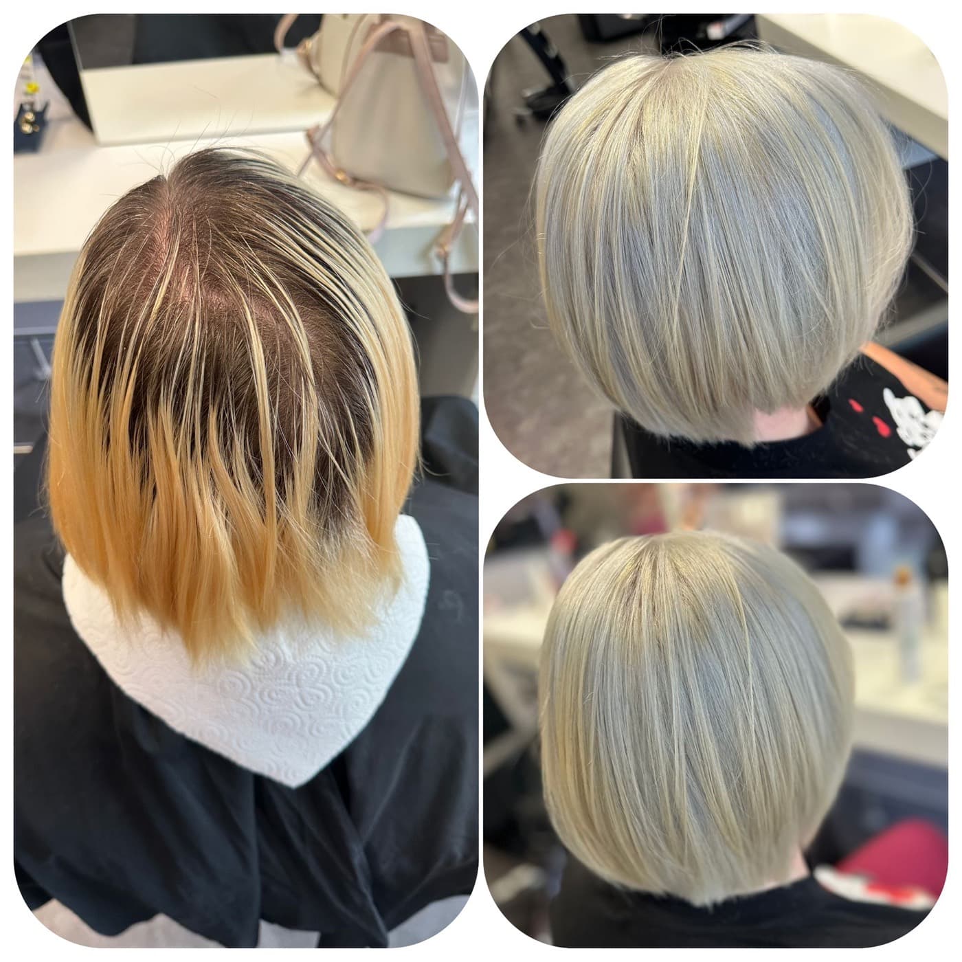 Vorher-Nachher: herausgewachsener Ansatz wird zu einem Platinblond-Bob