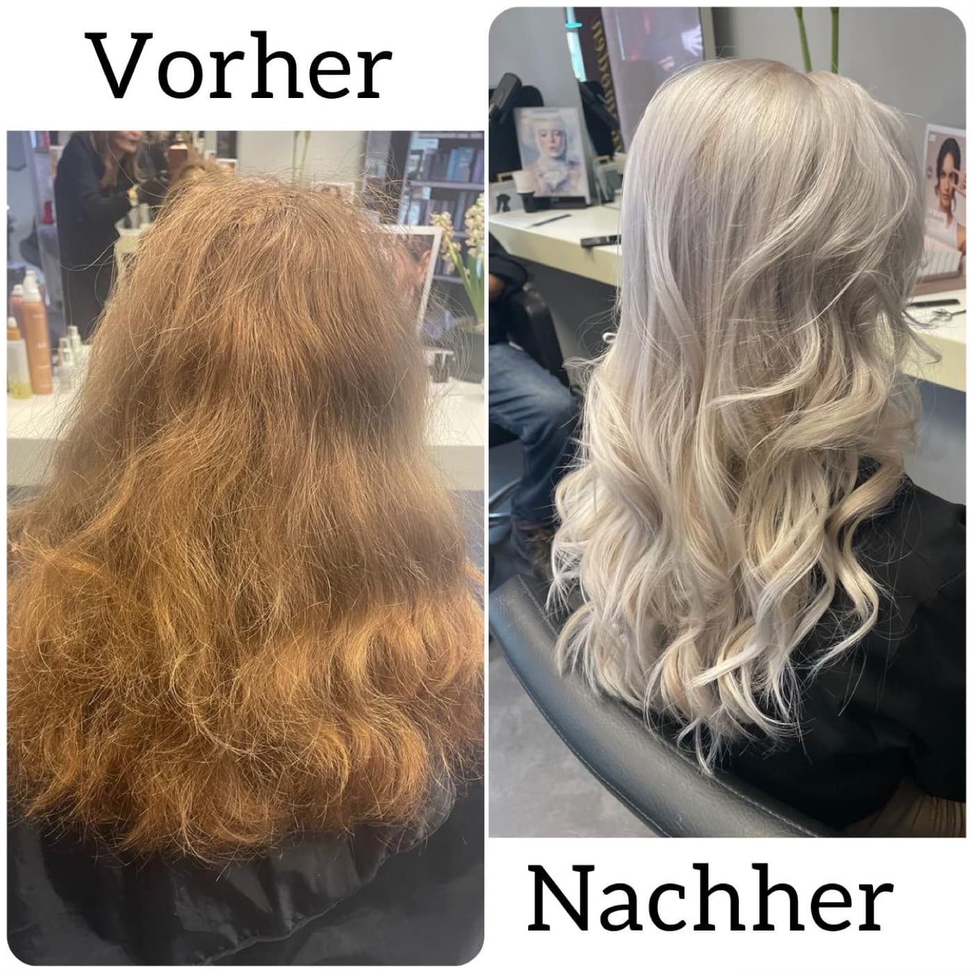 Vorher-Nachher: kupferfarbenes Haar wird zu kühlem Platinblond mit weichen Wellen