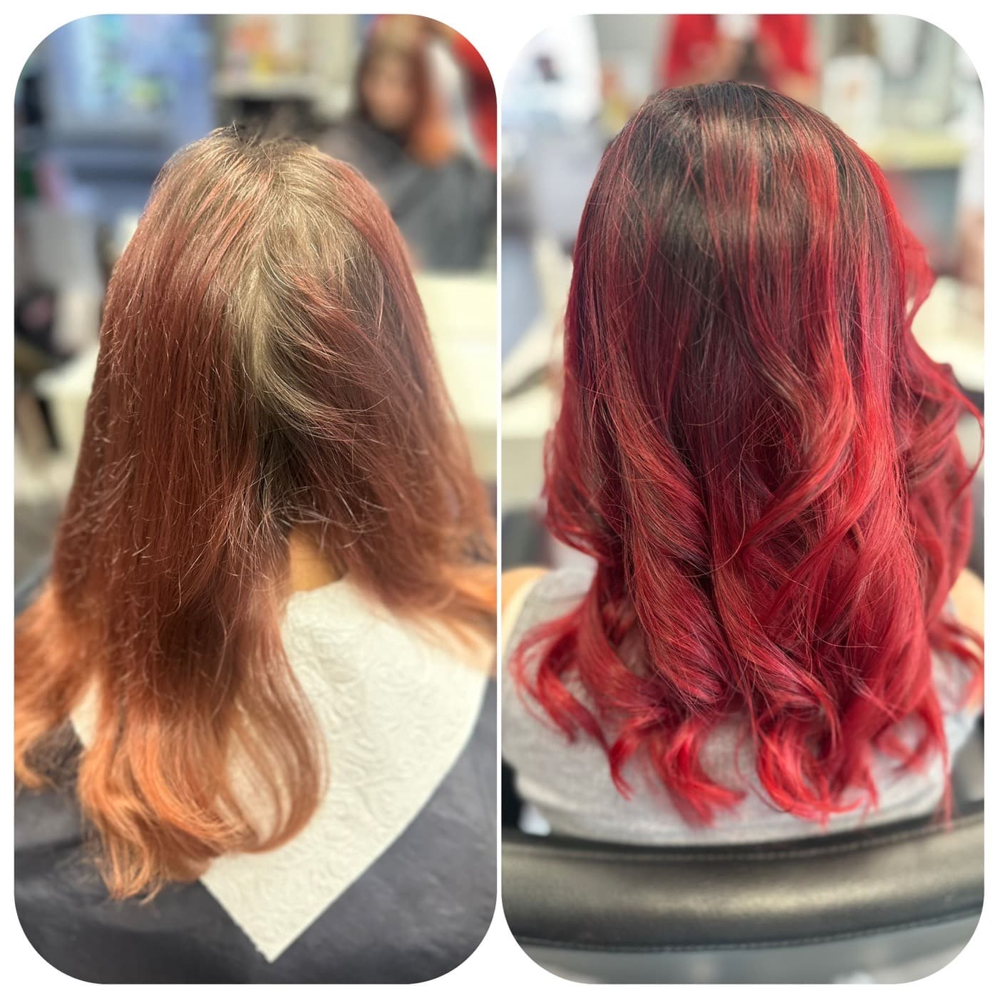 Vorher-Nachher: kräftige rote Coloration mit glänzenden Wellen